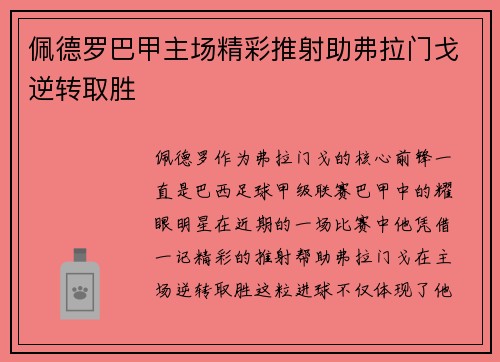 佩德罗巴甲主场精彩推射助弗拉门戈逆转取胜