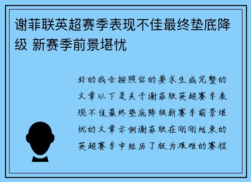 谢菲联英超赛季表现不佳最终垫底降级 新赛季前景堪忧
