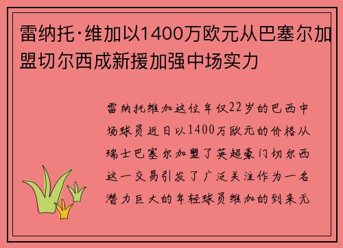 雷纳托·维加以1400万欧元从巴塞尔加盟切尔西成新援加强中场实力